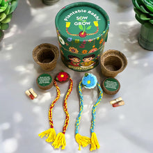 Load image into Gallery viewer, 2-Pack Premium Plantable Flower Crochet Rakhis – Red & Blue | Includes Sunflower Seeds Grow Kit | Eco-Friendly Rakhi That Grows | Sustainable Raksha Bandhan Gift