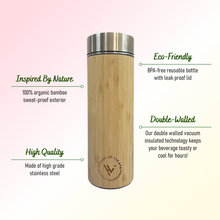 Load image into Gallery viewer, Premium Insulated Bamboo Bottle with Strainer - Hot and Cold - Water Bottle for Work, Gym, School - Easy to Carry - BPA-Free