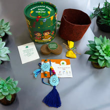 Load image into Gallery viewer, Crochet Thread Rakhi and Lumba with Zinnia Flower Seeds | Combo with a DIY Grow Kit