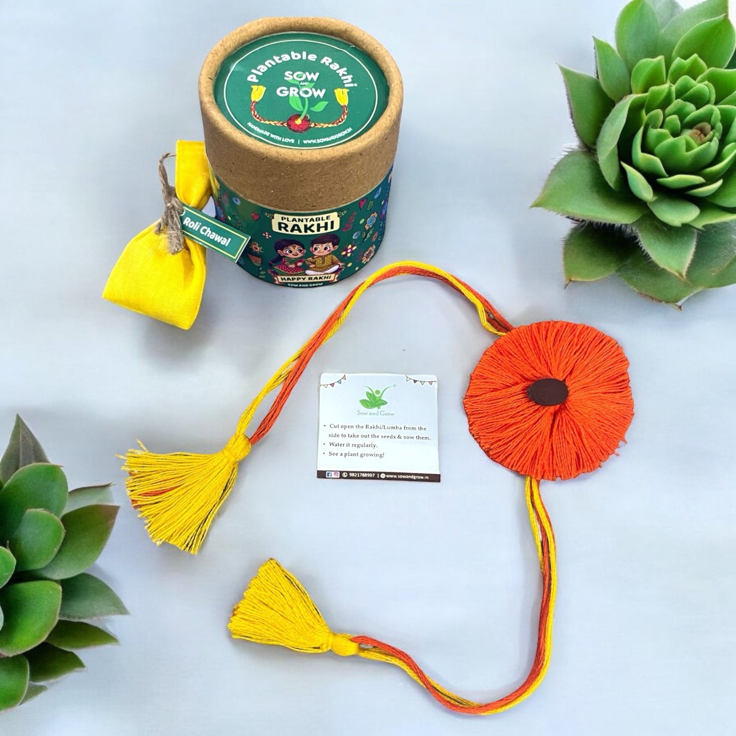Premium Orange Thread Rakhi with Torai and Lal Saag Seeds with Roli Chawal