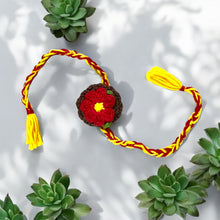 Load image into Gallery viewer, Premium Plantable Flower Crochet Rakhi with Sunflower Seeds | Colour Red | Combo with a DIY Grow Kit