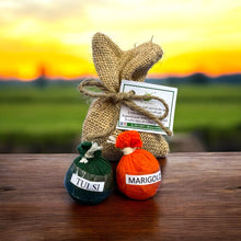 Load image into Gallery viewer, Seed Ball Duo in Jute Potli- Pack of 10 | Eco-Friendly Gardening Kit with 2 Seed Balls per Potli | 3 Variants – Tulsi Marigold, Marigold Sunflower, Sunflower Tomato