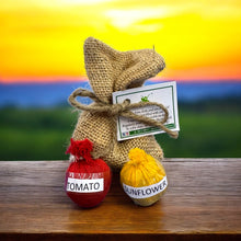 Load image into Gallery viewer, Seed Ball Duo in Jute Potli- Pack of 10 | Eco-Friendly Gardening Kit with 2 Seed Balls per Potli | 3 Variants – Tulsi Marigold, Marigold Sunflower, Sunflower Tomato