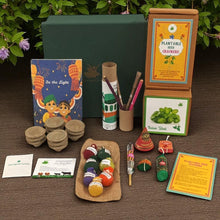 Load image into Gallery viewer, Ultimate MegaBox: Plantable Crackers + Gardening Kit + 7 Seed Balls + Organic Cow Dung Diya + Diary + 2 Plantable Pens and Pencils