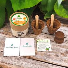 Load image into Gallery viewer, Sow and Grow® mini gardening kit with biodegradable pots, seed packets, and soil discs for zinnia and sunflower