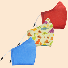 Load image into Gallery viewer, Pack of 3 Red, Dinosaur, Sky Blue | Conical Protective Face Cover with a Pocket, Adjustable Ear Loops and Nose Wire
