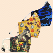 Load image into Gallery viewer, Pack of 3 Sports, Blue Camouflage, Superhero Theme | Conical Protective Face Cover with a Pocket, Adjustable Ear Loops and Nose Wire