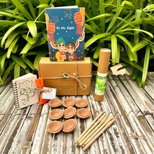 Load image into Gallery viewer, Diwali Brown Box Hamper: Plantable Diwali Themed Diary + Plantable Mini Notepad + Organic Cow Dung Diya Set of 8 + 1 Seed Ball + 5 Plantable Pens