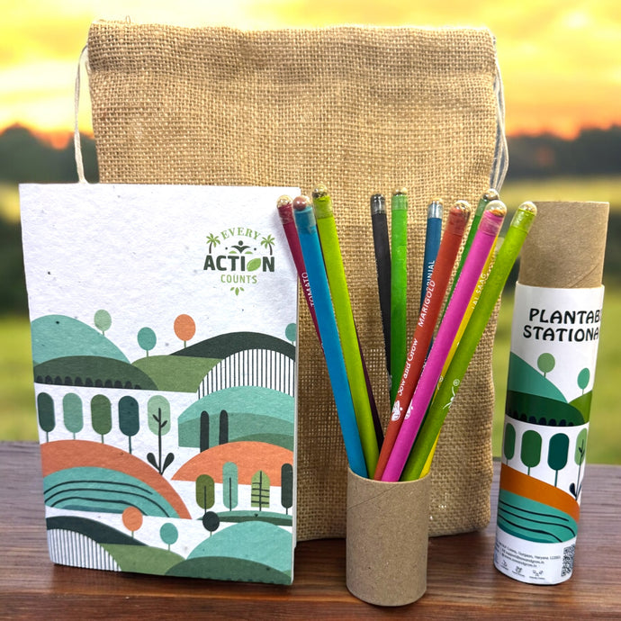 Jute Bag Collection: 1 Plantable Diary and 12 Plantable Pencil Combo in a Re-usable Stationary Box