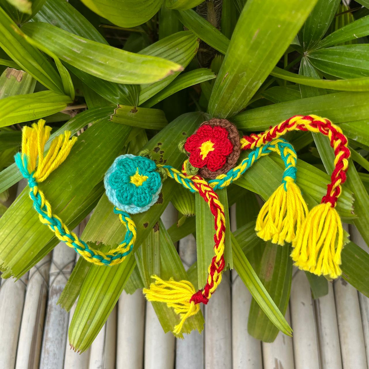 2-Pack Premium Plantable Flower Crochet Rakhis – Red & Blue | Includes Sunflower Seeds Grow Kit | Eco-Friendly Rakhi That Grows | Sustainable Raksha Bandhan Gift