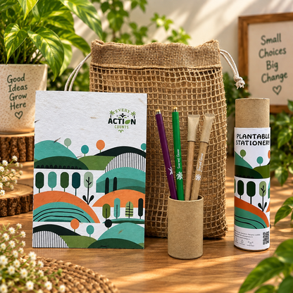 Eco-Friendly Plantable Kit – 1 Seed Diary, 2 Seed Paper Pens & 2 Seed Pencils in a Jute Pouch | Sustainable Corporate Gift | Return Gift for Kids