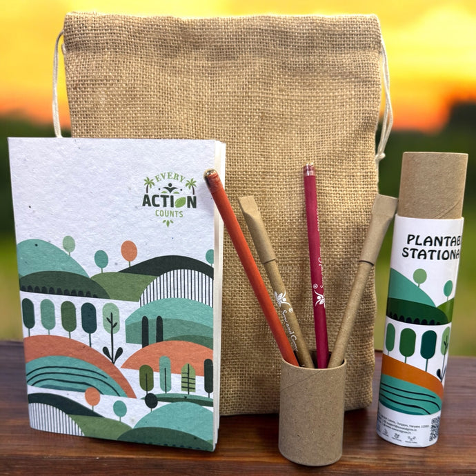 Eco-Friendly Plantable Kit – 1 Seed Diary, 2 Seed Paper Pens & 2 Seed Pencils in a Jute Pouch | Sustainable Corporate Gift | Return Gift for Kids