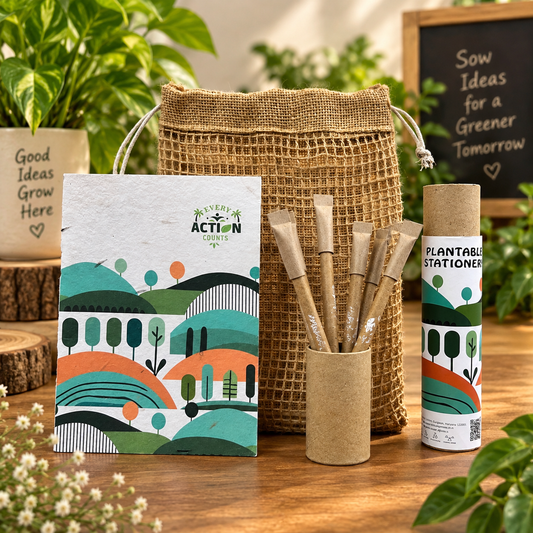 Eco-Friendly Plantable Kit – 1 Seed Paper Diary & 5 Plantable Paper Pens in Reusable Stationery Box | Jute Pouch