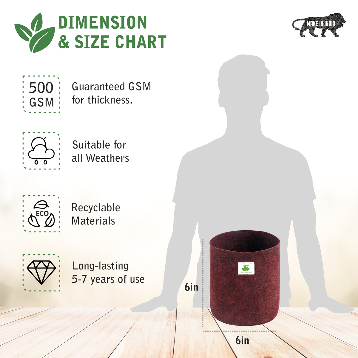 Geo Fabric Grow Bag 500 GSM Size 6X6 inches | Heavy Duty For Desktop Plants, Flowers, Herbs, Small Plants