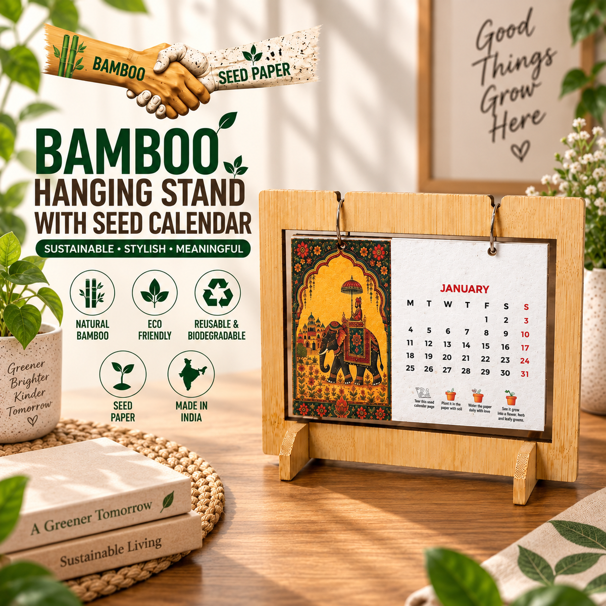 Bamboo Hanging Stand Plantable Calendar 2027 with Seeds in Every Page