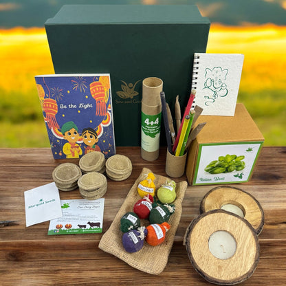 MegaBox with Tealight Holders: 2 Premium Tealights + Gardening Kit + 7 Seed Balls + Organic Cow Dung Diya + Diary + 4 Plantable Pens and Pencils