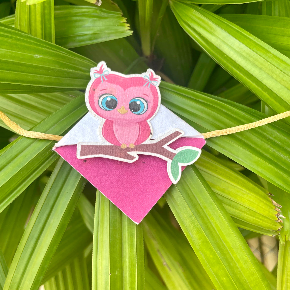 Pink Owl on a Branch: Kids 3-in-1 Bookmark Plantable Rakhi with Roli Chawal Combo