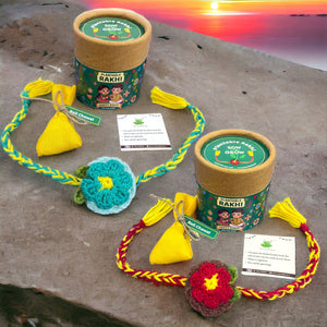 2-Pack Handmade Premium Plantable Flower Crochet Rakhis with Sunflower Seeds with Roli Chawal in a Premium Packaging