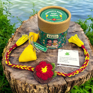 2-Pack Handmade Premium Plantable Flower Crochet Rakhis with Sunflower Seeds with Roli Chawal in a Premium Packaging