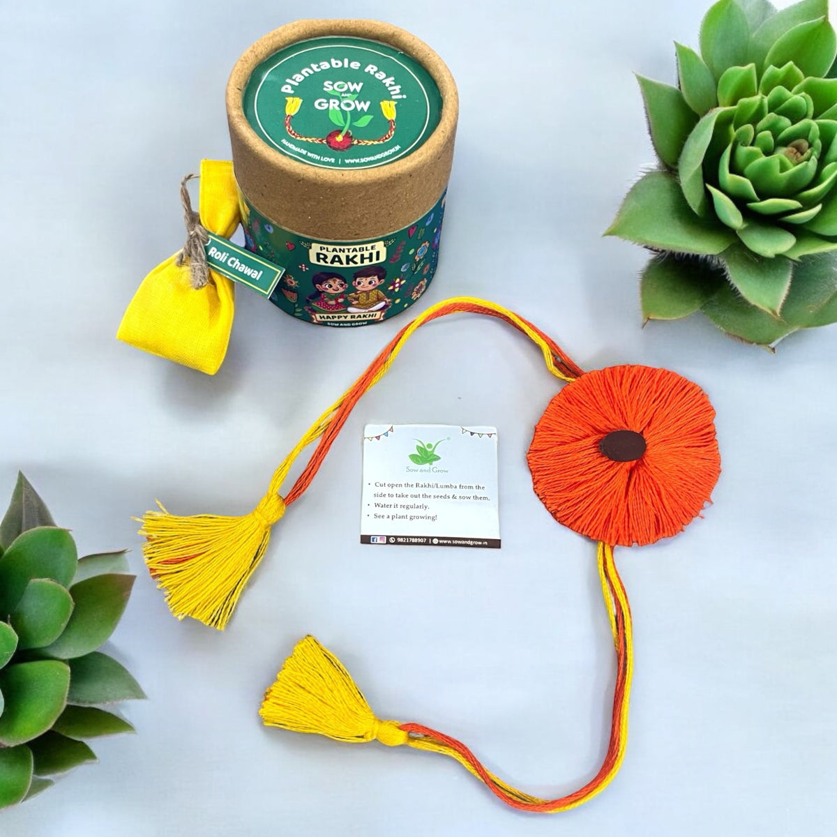 Premium Orange Thread Rakhi with Torai and Lal Saag Seeds with Roli Chawal