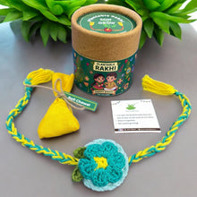 Load image into Gallery viewer, Premium Flower Crochet Thread Rakhi with Roli Chawal Combo: Blue
