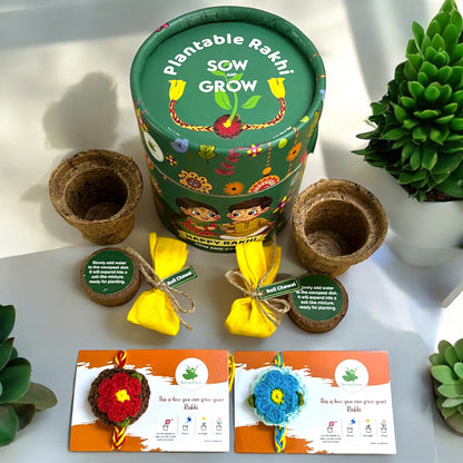 2-Pack Premium Plantable Flower Crochet Rakhis – Red & Blue | Includes Sunflower Seeds Grow Kit | Eco-Friendly Rakhi That Grows | Sustainable Raksha Bandhan Gift