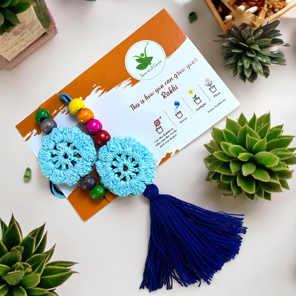 Crochet Thread Rakhi and Lumba with Zinnia Flower Seeds | Combo with a DIY Grow Kit