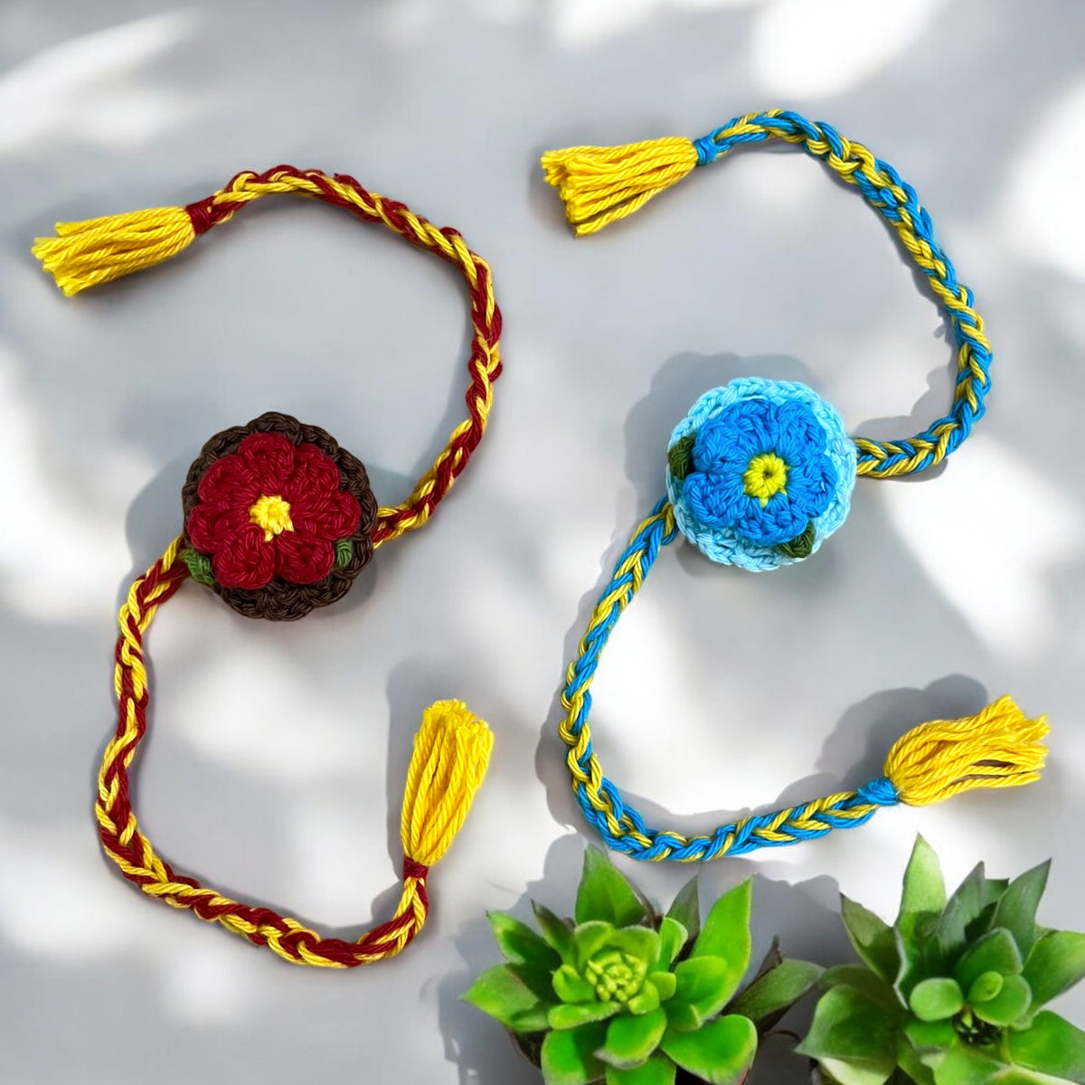 2-Pack Premium Plantable Flower Crochet Rakhis – Red & Blue | Includes Sunflower Seeds Grow Kit | Eco-Friendly Rakhi That Grows | Sustainable Raksha Bandhan Gift