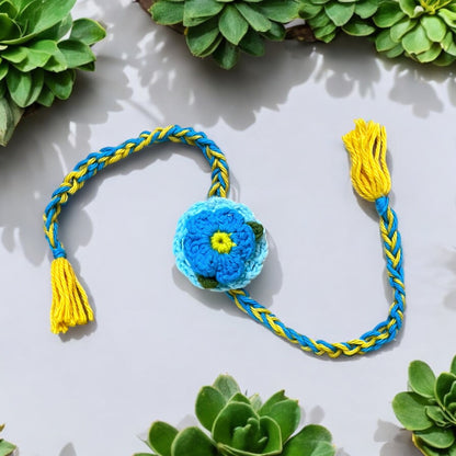 Premium Plantable Flower Crochet Rakhi with Sunflower Seeds | Colour Blue | Combo with a DIY Grow Kit