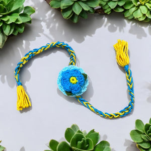 Premium Plantable Flower Crochet Rakhi with Sunflower Seeds | Colour Blue | Combo with a DIY Grow Kit