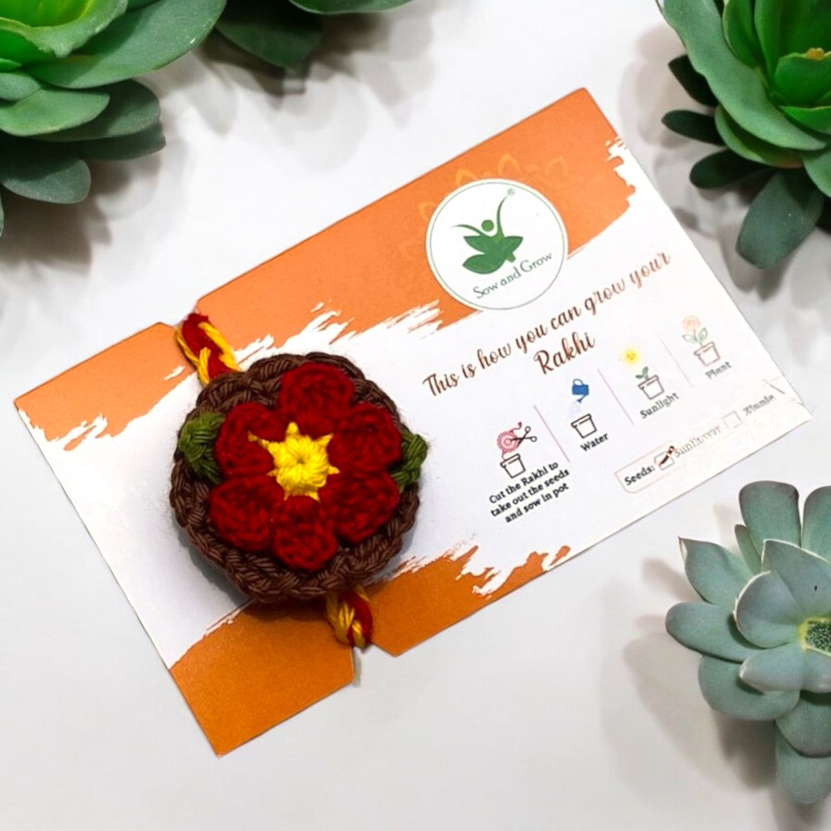 Premium Plantable Flower Crochet Rakhi with Sunflower Seeds | Colour Red | Combo with a DIY Grow Kit