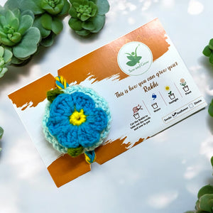 Premium Plantable Flower Crochet Rakhi with Sunflower Seeds | Colour Blue | Combo with a DIY Grow Kit