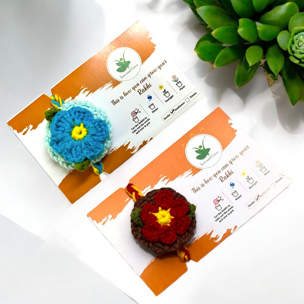 2-Pack Premium Plantable Flower Crochet Rakhis – Red & Blue | Includes Sunflower Seeds Grow Kit | Eco-Friendly Rakhi That Grows | Sustainable Raksha Bandhan Gift