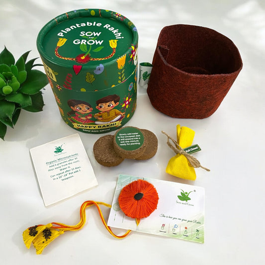 Premium Plantable Orange Thread Rakhi with Torai and Lal Saag Seeds | Rakhi with Seeds| Combo with a Gardening Kit