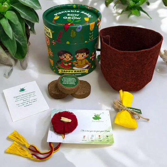 Plantable Red Thread Rakhi with Gheeya Seed | Rakhi with Seeds| Combo with a Gardening Kit