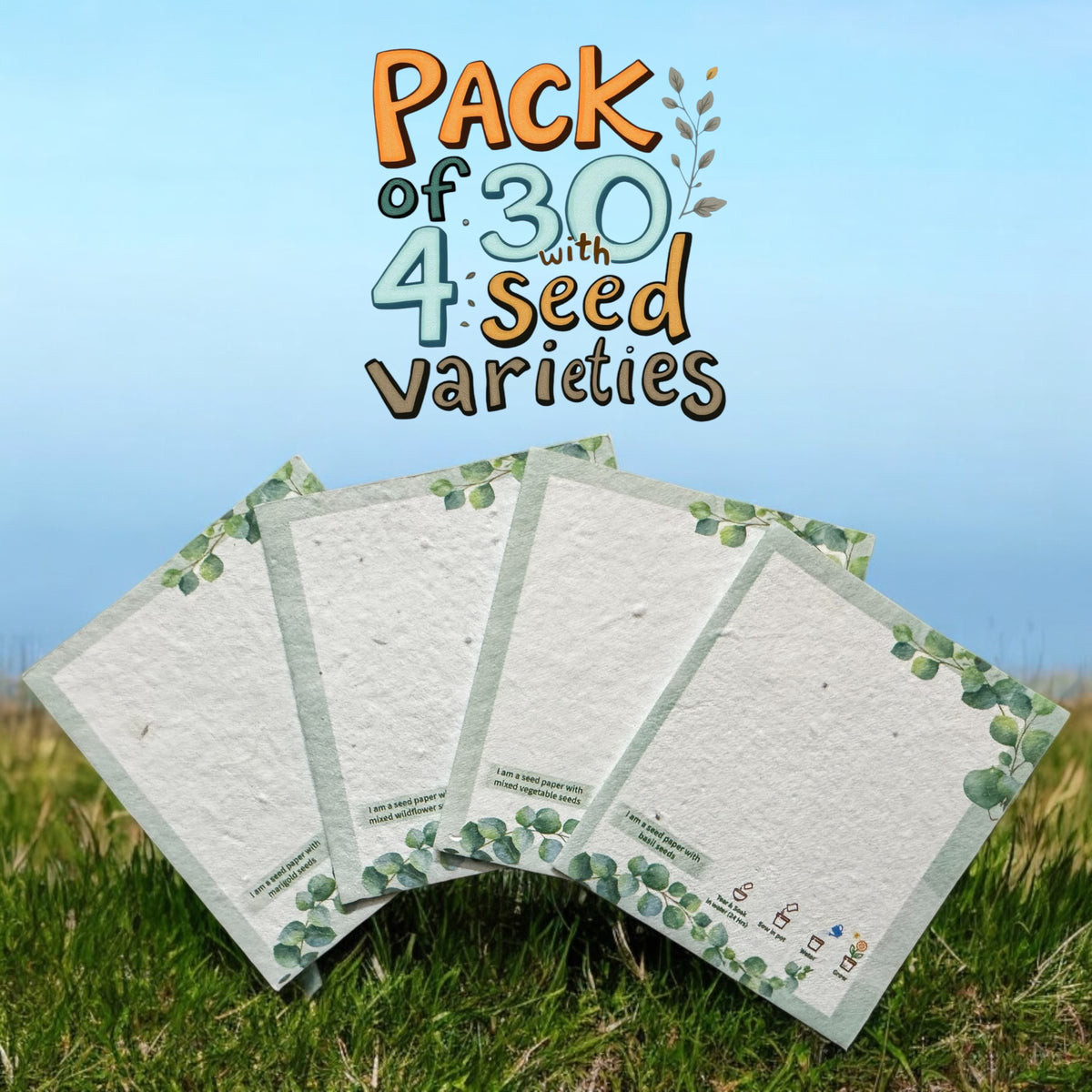 Plantable Seed Paper Message Cards/Greeting Cards/Gift Tags, That Grow into Plants | 4 Varieties of Seeds | Set of 30