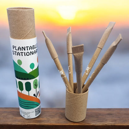Eco-Friendly Plantable Kit – 1 Seed Paper Diary & 5 Plantable Paper Pens in Reusable Stationery Box | Jute Pouch