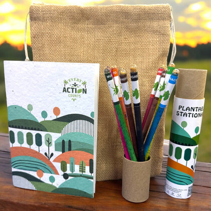 Eco-Friendly Plantable Gift Kit – 10 Seed Colour Pencils & 1 Seed Diary in a Jute Pouch | Sustainable Stationery Set | Best Eco Return Gift for Kids