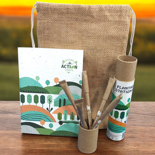 Eco-Friendly Plantable Kit – 1 Seed Paper Diary & 5 Plantable Paper Pens in Reusable Stationery Box | Jute Pouch