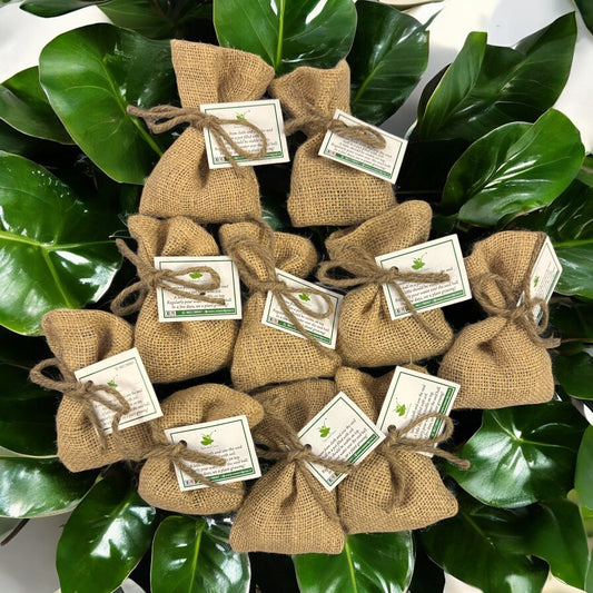 Seed Ball Duo in Jute Potli- Pack of 10 | Eco-Friendly Gardening Kit with 2 Seed Balls per Potli | 3 Variants – Tulsi Marigold, Marigold Sunflower, Sunflower Tomato