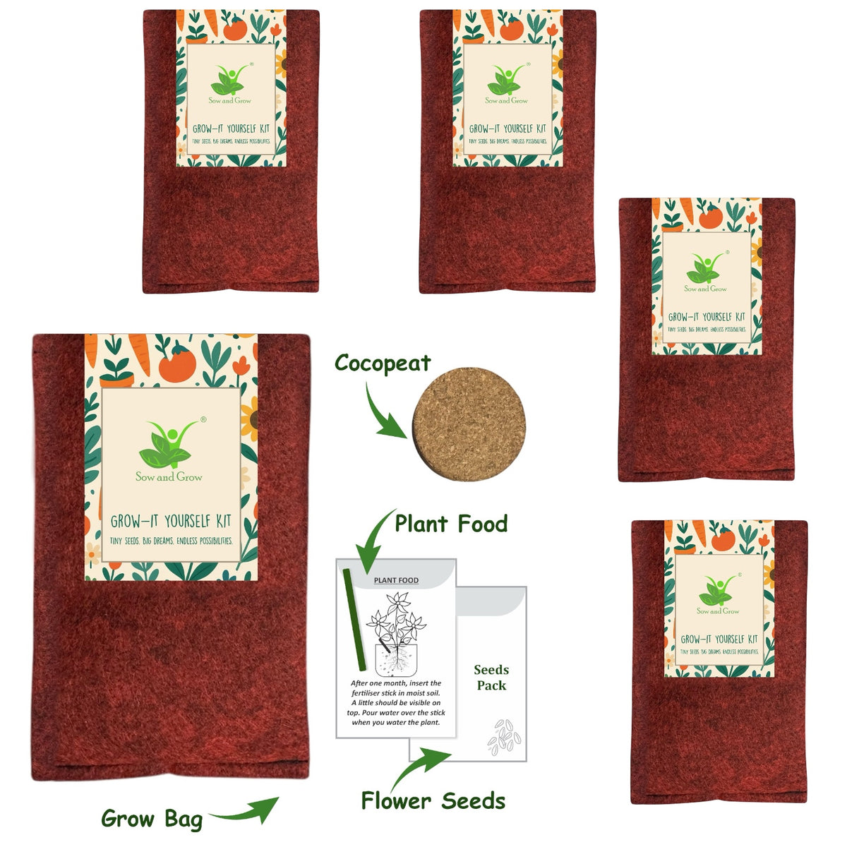 Set of 5 Flower Grow Bag Kits – Easy DIY Gardening Kit for Home, Balcony, Terrace & Indoor Use – Ideal for Beginners & Plant Lovers