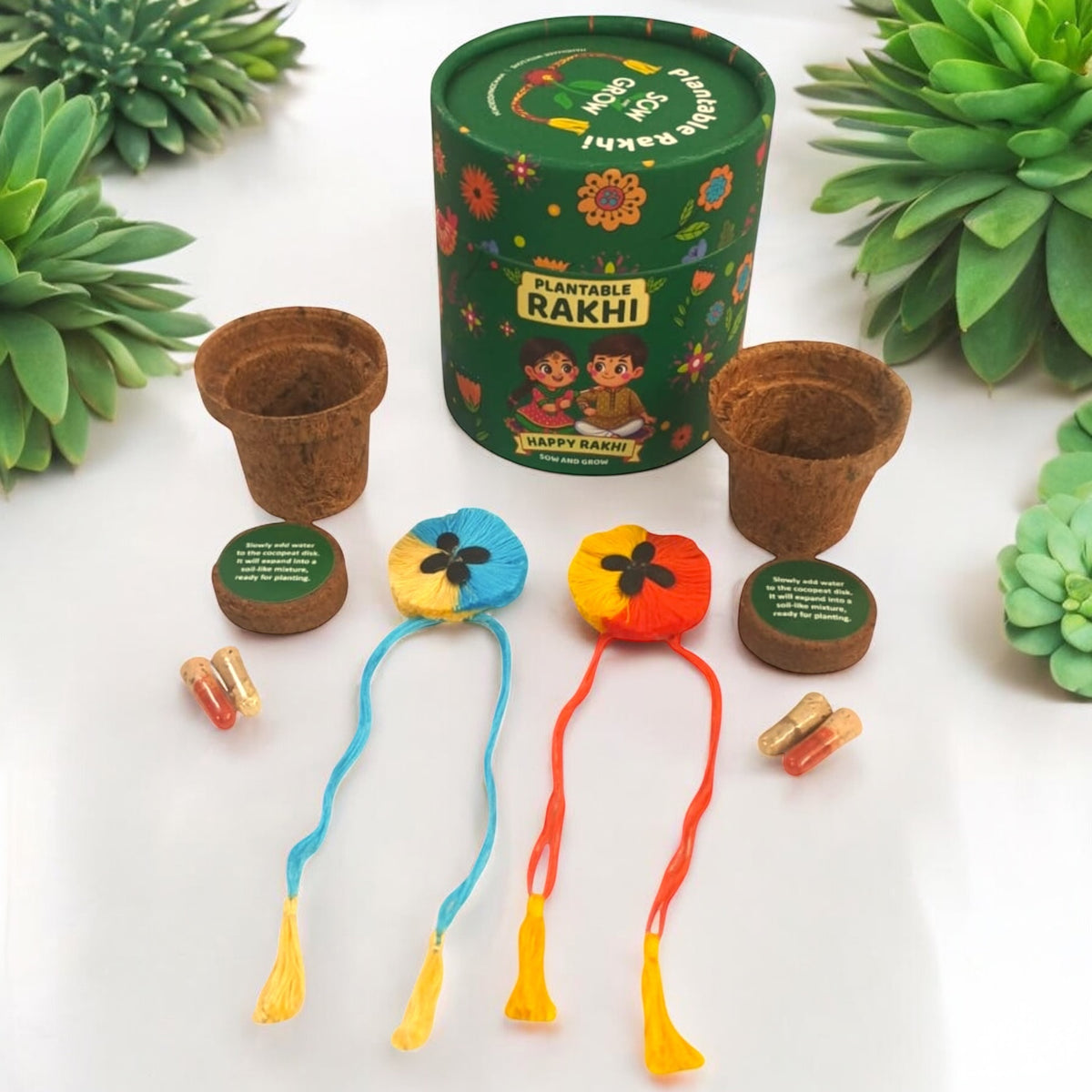 2-Pack Premium Plantable Thread Rakhis – Dual Colour with Torai Seeds & Grow Kit | Rakhi That Grows | Eco-Friendly Raksha Bandhan Gift