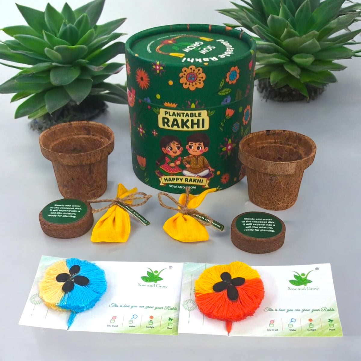 2-Pack Premium Plantable Thread Rakhis – Dual Colour with Torai Seeds & Grow Kit | Rakhi That Grows | Eco-Friendly Raksha Bandhan Gift
