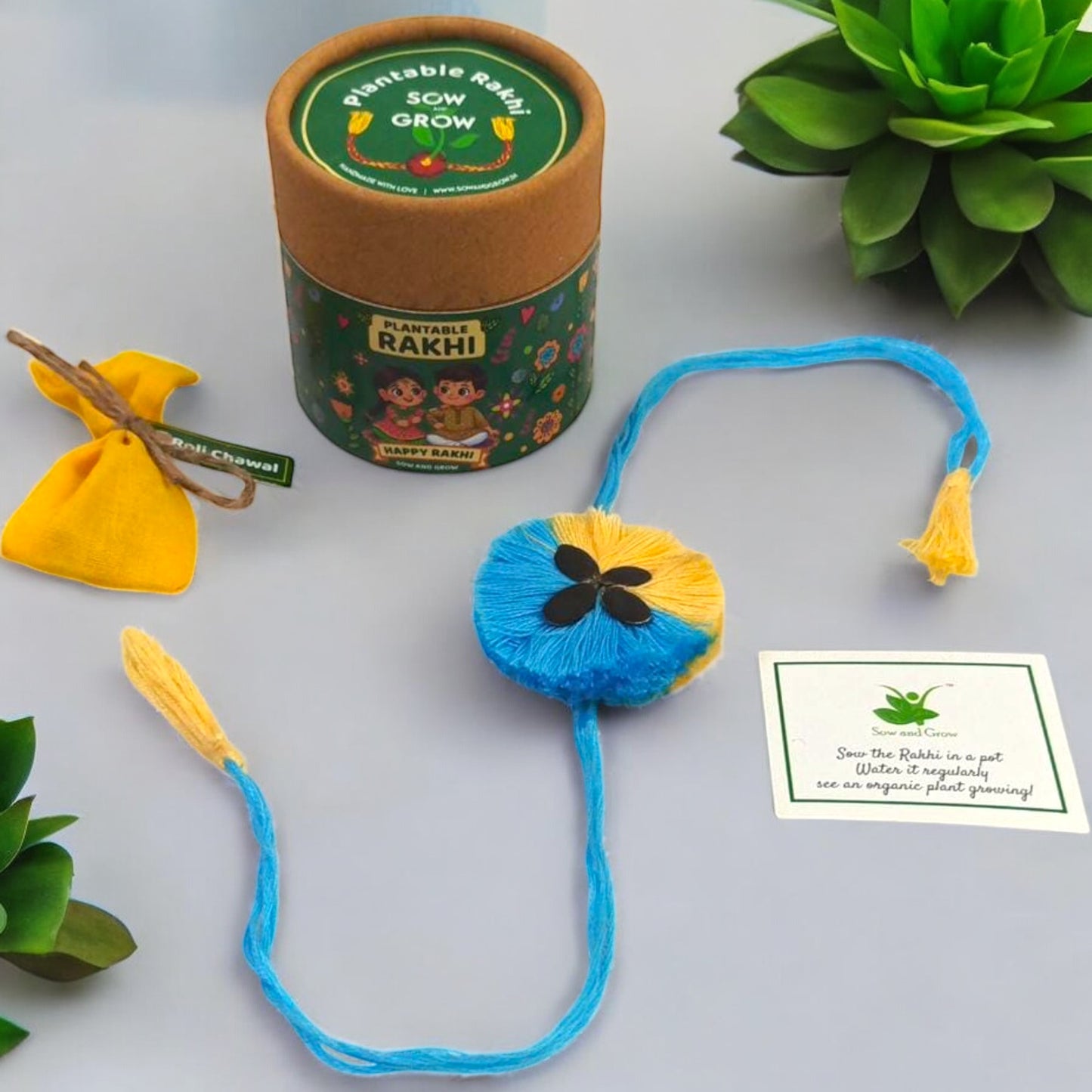 Premium 2-Colour Plantable Thread Rakhi with Torai Seeds & Roli Chawal – Pastel Yellow & Blue – Eco-Friendly Rakhi for Raksha Bandhan