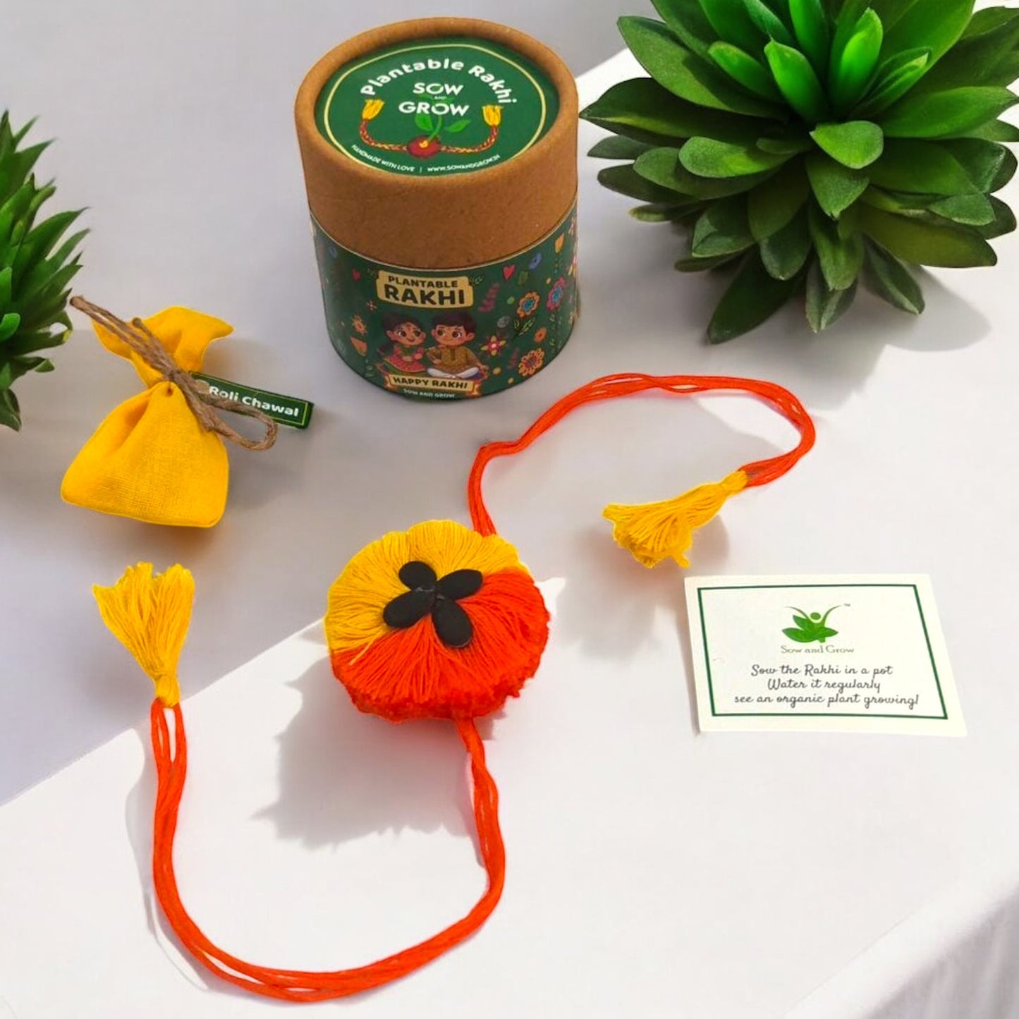 Premium 2-Colour Plantable Thread Rakhi with Torai Seeds & Roli Chawal – Yellow & Orange – Eco-Friendly Rakhi for Raksha Bandhan