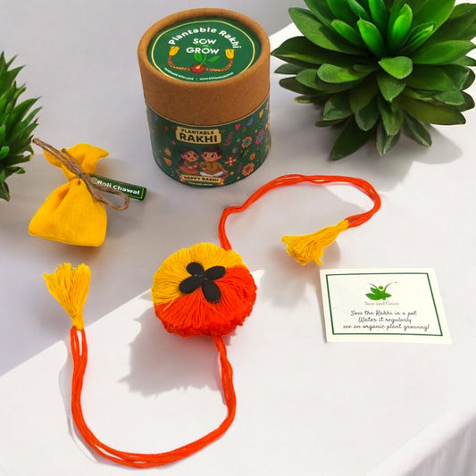 Premium 2-Colour Plantable Thread Rakhi with Torai Seeds & Roli Chawal – Yellow & Orange – Eco-Friendly Rakhi for Raksha Bandhan