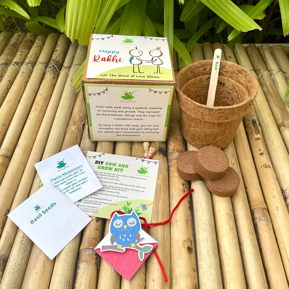 Blue Owl on a Branch :Kids 3-in-1 Bookmark Plantable Rakhi | Rakhi with Seeds| Combo with a Gardening Kit
