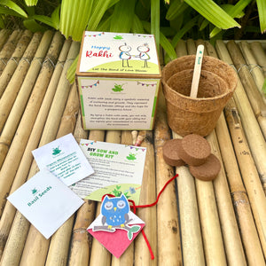 Blue Owl on a Branch :Kids 3-in-1 Bookmark Plantable Rakhi | Rakhi with Seeds| Combo with a Gardening Kit