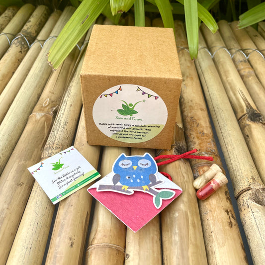 Blue Owl on a Branch: Kids 3-in-1 Bookmark Plantable Rakhi with Roli Chawal Combo