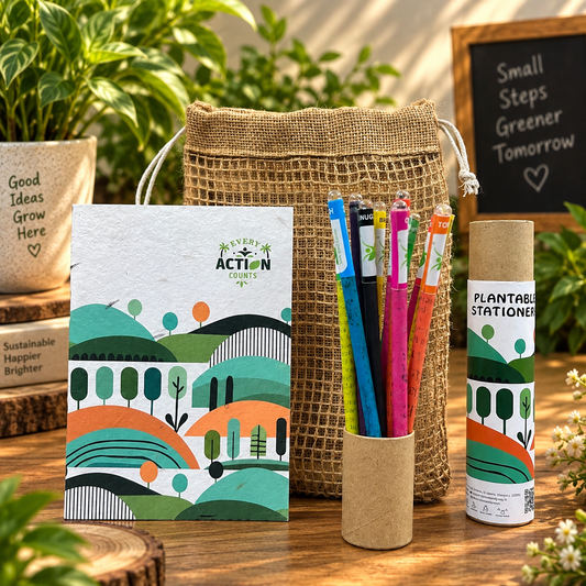Eco-Friendly Plantable Gift Kit – 10 Seed Colour Pencils & 1 Seed Diary in a Jute Pouch | Sustainable Stationery Set | Best Eco Return Gift for Kids